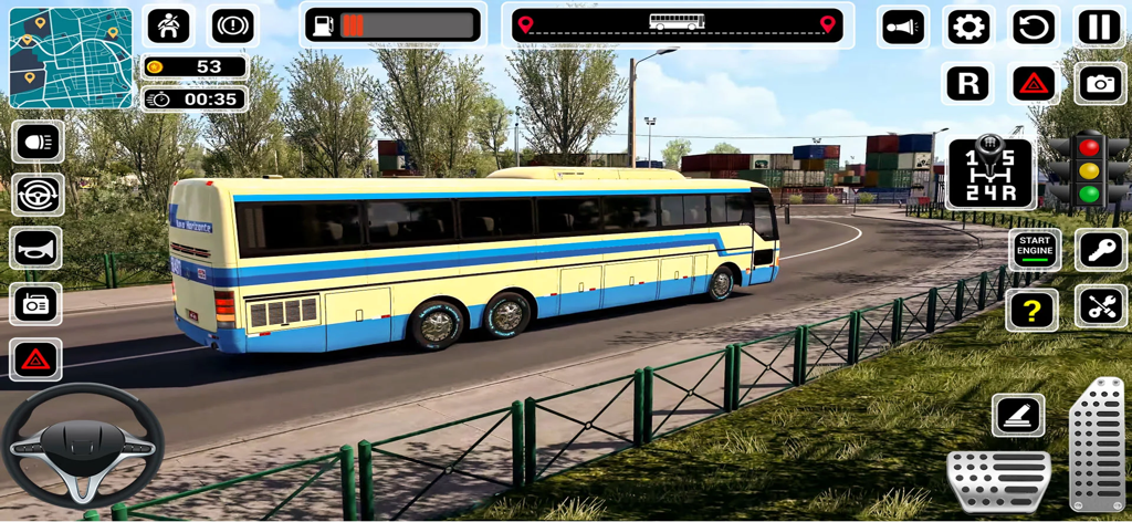 Real Bus Driving Game - Un autocar amarillo y azul conduciendo por una carretera de la ciudad con controles de juego realistas en el Real Bus Driving Game