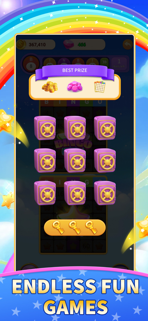 Millionaire Game - Bingo - Pantalla de bonificación del juego Millionaire Bingo con nueve cajas fuertes moradas y tres llaves doradas para desbloquear premios como monedas y gemas