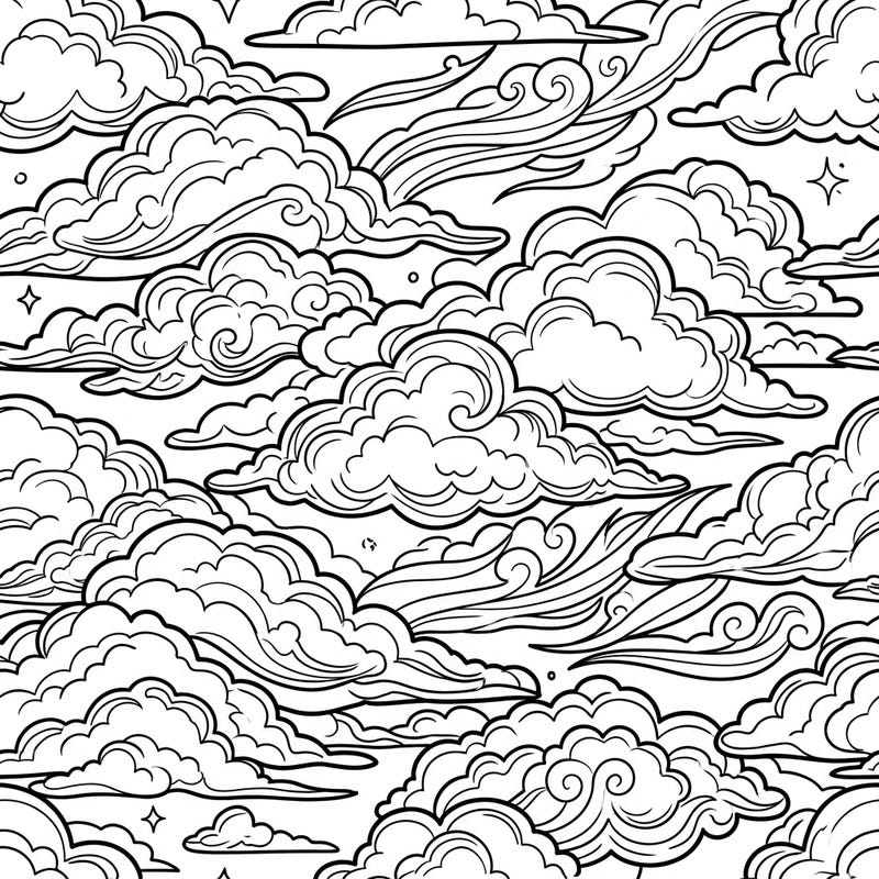 Discover a boundless sky with this captivating Clouds Seamless Pattern coloring template. This repeating design offers endless creative possibilities as you bring various cloud formations to life with your favorite colors.