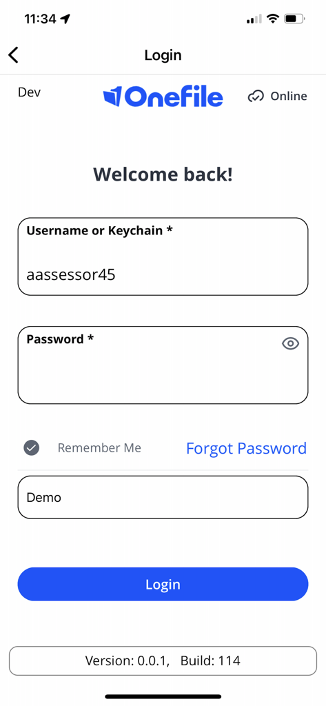 Login interface for the Onefile Eportfolio mobile application