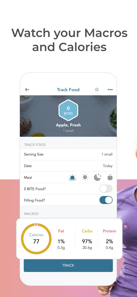 Healthi: Weight Loss, Diet App - Screenshot of the Healthi app interface showing food tracking with a detailed breakdown of calories and macros for an apple