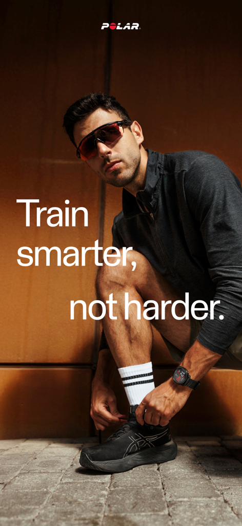 A male athlete wearing a Polar smartwatch tying his running shoe with the text Train smarter, not harder.