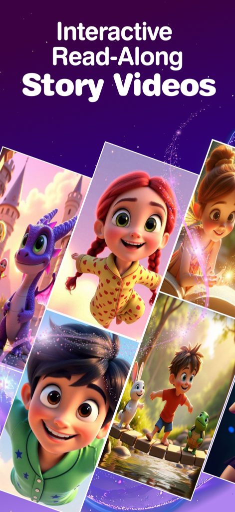 Storytime AI: Story Generator - Collage of diverse AI animated characters from interactive read along story videos for children