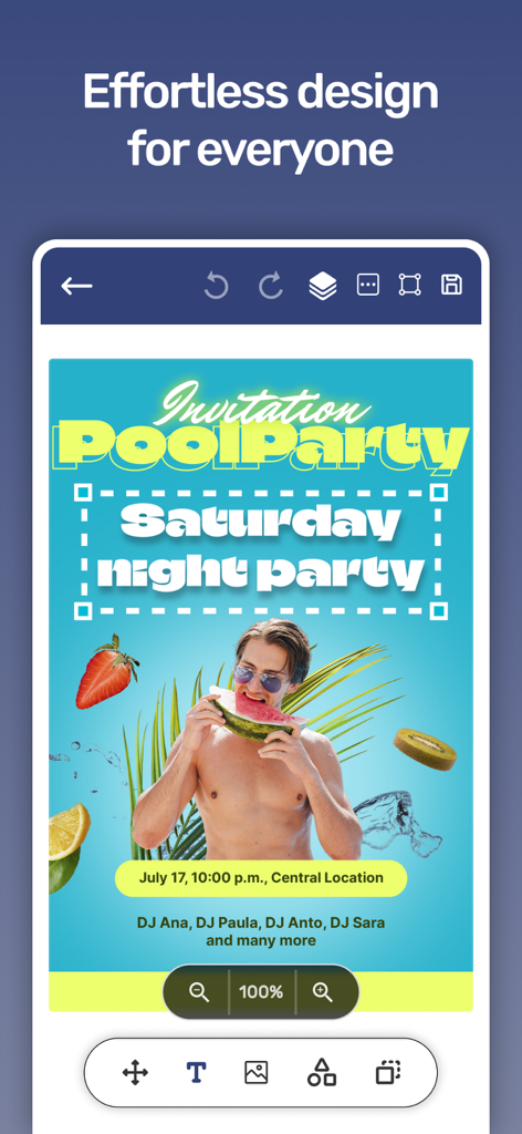A mobile screen showing the Poster Design Maker app editing a vibrant pool party invitation flyer.