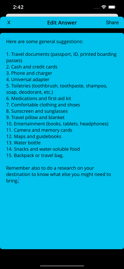 Travel AI - Chatbot - Pantalla de la aplicación Travel AI que muestra una lista de 15 artículos esenciales para empacar para viajar