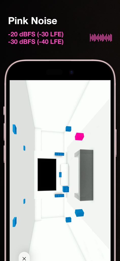 Sound test for Dolby Atmos - 3D-Lautsprecher-Visualisierung für den Dolby Atmos Pink Noise Soundtest.