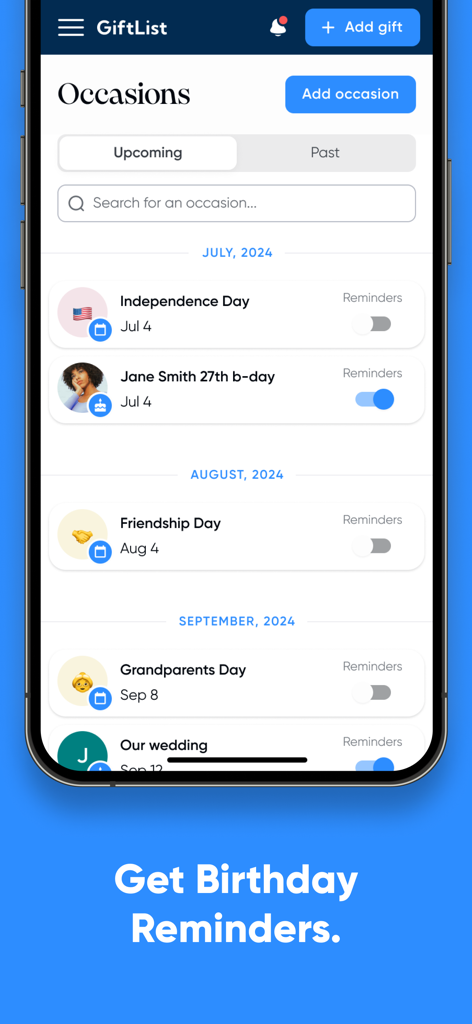 GiftList – Wishlist & Registry - Mobile interface of the GiftList app displaying a list of upcoming occasions and birthdays with toggle switches for event reminders