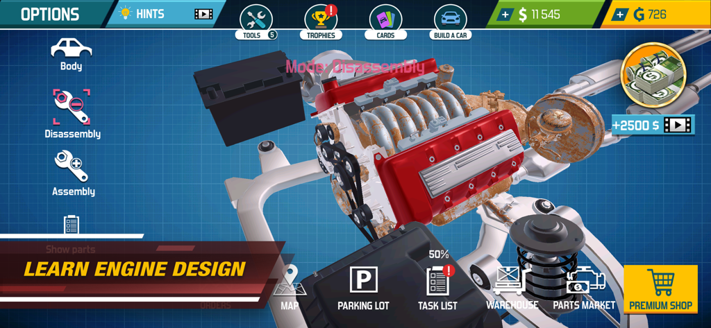 Car engine disassembly interface in the Car Mechanic Simulator 21 game
