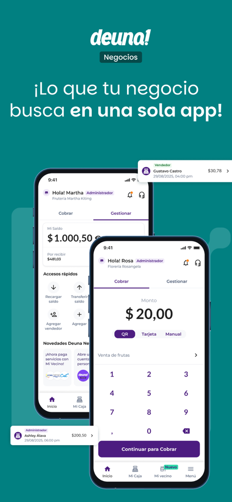 Deuna Negocios: cobra fácil - Interfaz de la app móvil de Deuna Negocios mostrando el saldo de la cuenta del negocio y el teclado de pago para transacciones