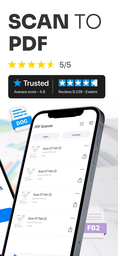 PDF Scanner, Editor, Converter - PDF scanner app interface showing scanned document list and high user ratings