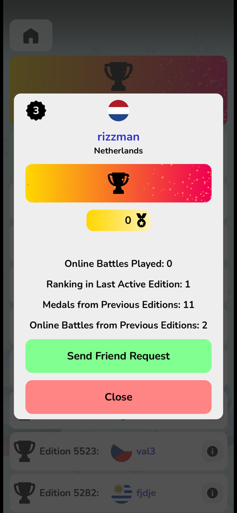 Ventana emergente de perfil de jugador en Geofast Battle of Nations que muestra el ranking y las estadísticas de batalla de un usuario que representa a los Países Bajos.
