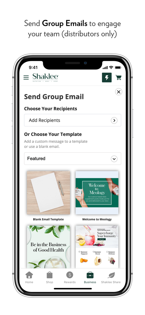 Shaklee Connect app screen showing group email feature and marketing templates for business distributors