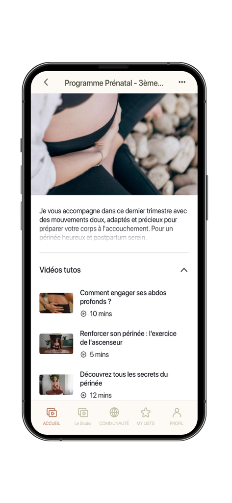 Interfaccia dell'app Clarisse Ernoux che mostra video tutorial prenatali per esercizi di addominali profondi e pavimento pelvico.