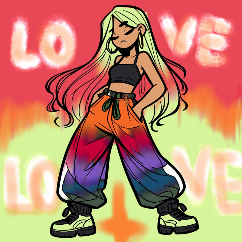 girl in baggy pants crop top and long hair