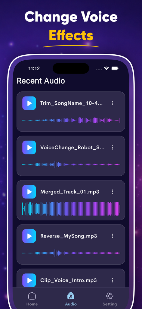 MP3 Cutter & Music Editor - Recent audio files list in the MP3 Cutter and Music Editor app showcasing voice effects and edited tracks