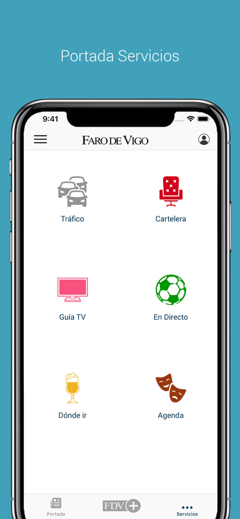 Faro de Vigo - Services screen of the Faro de Vigo mobile app featuring local traffic, cinema, TV guide, live sports, and leisure agenda icons.