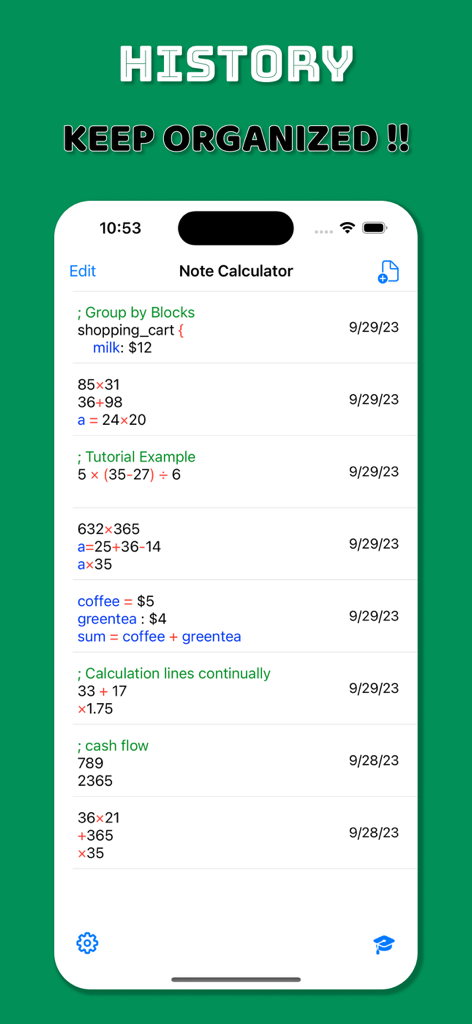 Note Calculator - Text Editor - History screen of the Note Calculator app showing a list of past text-based calculations with variables