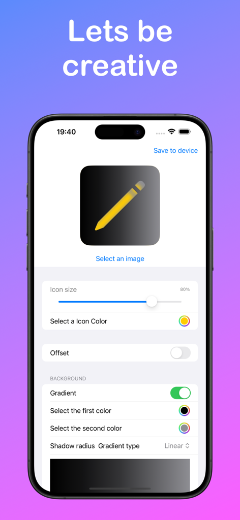 Interface do aplicativo mostrando ferramentas para personalizar o tamanho do ícone do aplicativo e o fundo gradiente