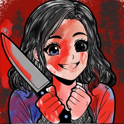 a realistic girl holding a knife and grinning