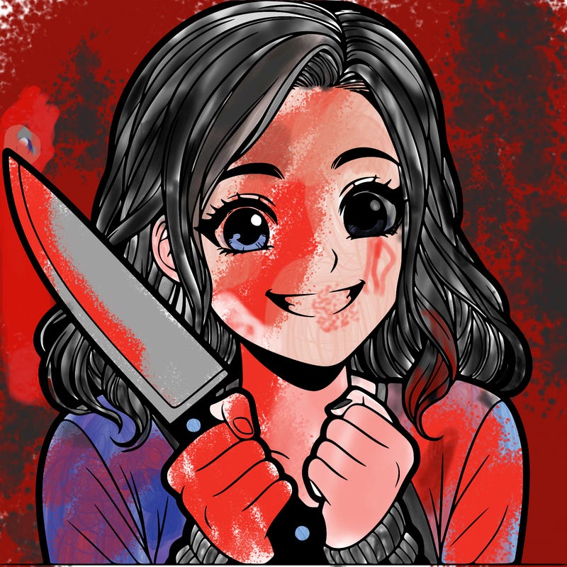 a realistic girl holding a knife and grinning
