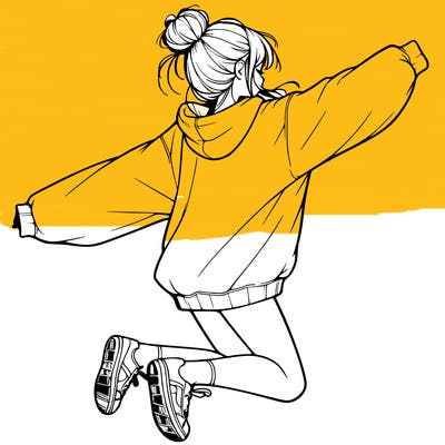 realistic girl jumping with a bun and oversized sweatshirt