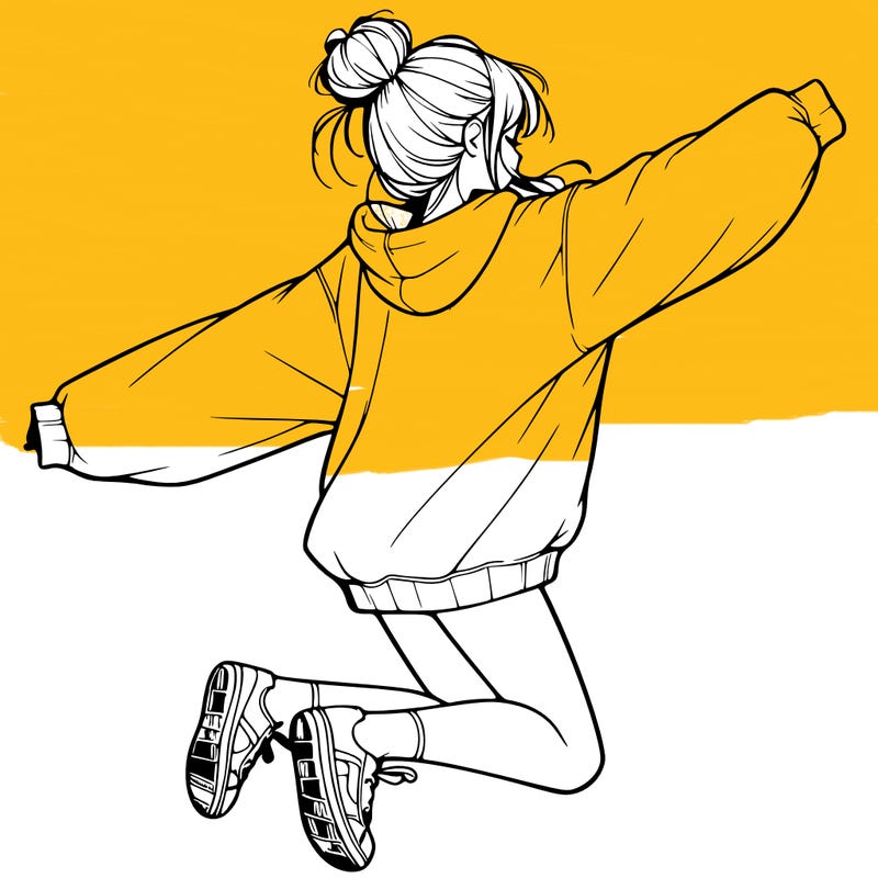 realistic girl jumping with a bun and oversized sweatshirt