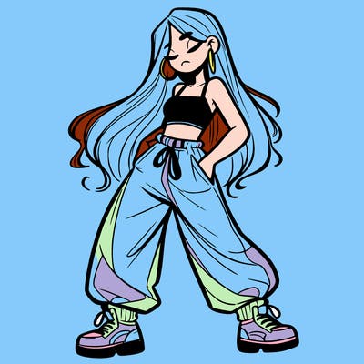 girl in baggy pants crop top and long hair
