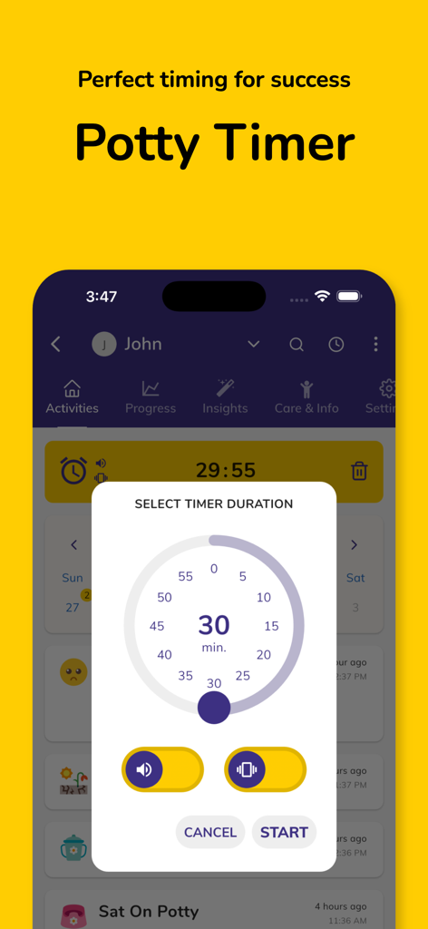 Potty Whiz: Training App - A mobile interface for the Potty Whiz app showing a custom potty training timer set to 30 minutes.