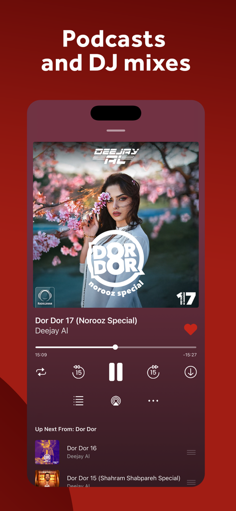 Radio Javan - Radio Javan app interface showing a podcast and DJ mix playback screen with a Persian music mix