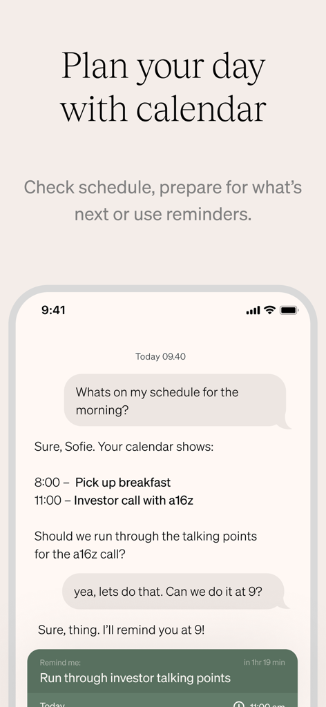 Kin: Personal AI Advisors - A screenshot of Kin AI advisor helping a user plan their day with calendar integration and meeting reminders