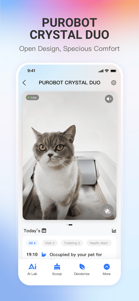 Mobile app interface showing a live camera feed of a cat inside a PETKIT smart litter box
