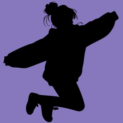 realistic girl jumping with a bun and oversized sweatshirt