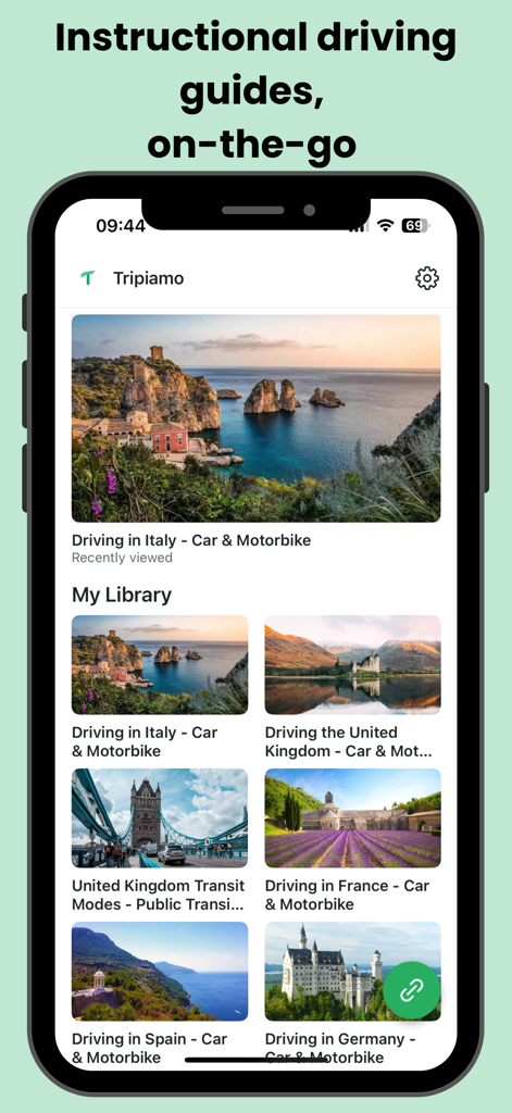 Tripiamo - Tripiamo app interface showing a library of international driving guides for Italy, UK, France, and Spain