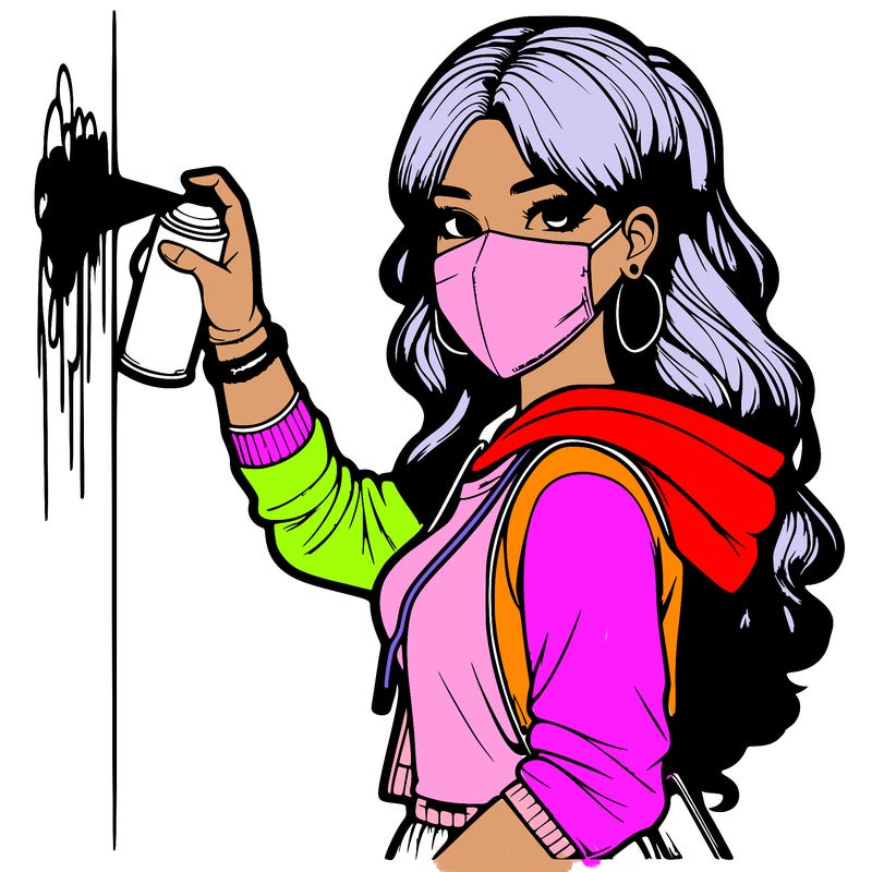 realistic girl with mask spray painting a wall