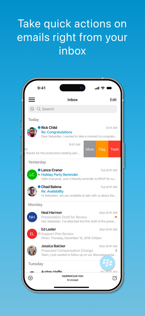 BlackBerry Work - iPhone에서 BlackBerry Work 이메일 받은 편지함 스크린샷, 플래그 및 휴지통과 같은 빠른 작업 스 와이프 옵션 표시