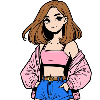 a realistic girl with a crop top and short shorts in an open jacket