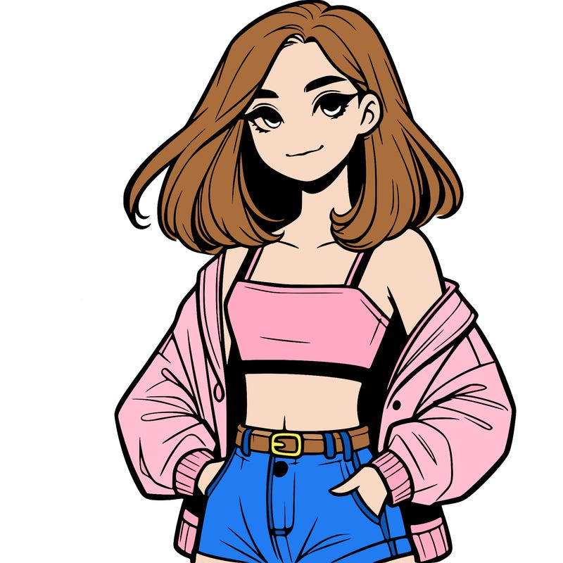 a realistic girl with a crop top and short shorts in an open jacket