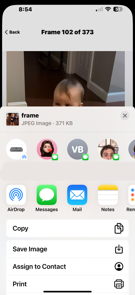 Video Scrubber Pro - The iOS share menu opened within the Video Scrubber Pro app to share or save a specific video frame.