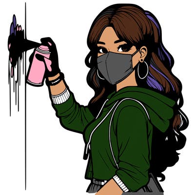 realistic girl with mask spray painting a wall