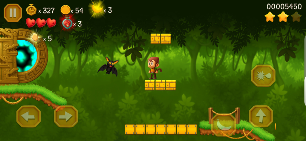 Super Kong Jump - Monkey Bros - Monkey character Mono in a jungle platformer level facing a bat enemy