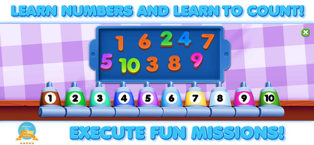 Toddler educational game screen showing numbers one to ten and colorful paint tubes