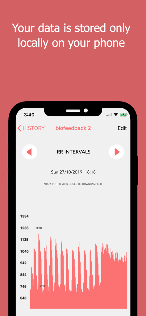 Smartphone showing heart rate variability RR intervals graph and local data storage privacy message
