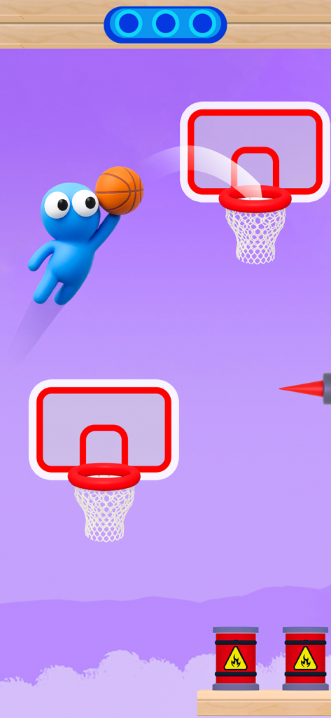 BasketBlitz: Basketball Game - Un personaje azul apuntando un balón de baloncesto a una canasta en el juego BasketBlitz