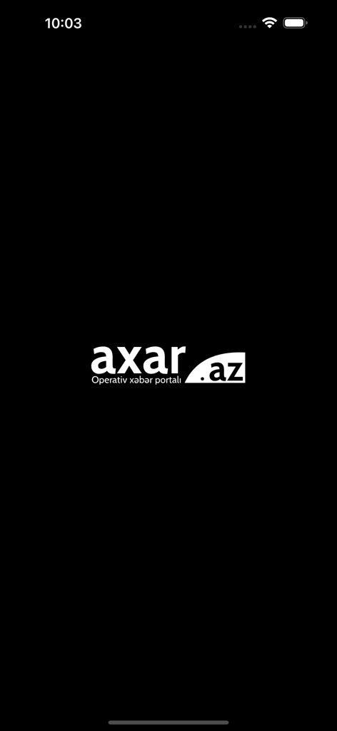 Axar.az - News portal - Pantalla de inicio del portal de noticias Axar.az con logotipo blanco sobre fondo negro