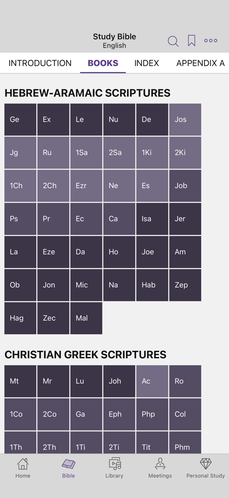 Index grid of Bible books in the JW Library app showing both Hebrew-Aramaic and Christian Greek scriptures
