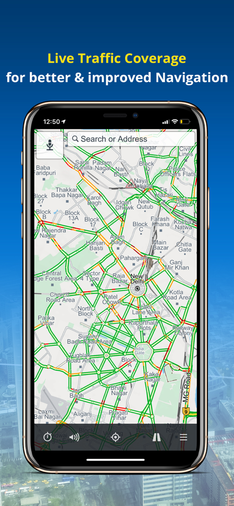 NaviMaps: 3D GPS Navigation - NaviMaps app showing live traffic coverage in New Delhi India for improved navigation.
