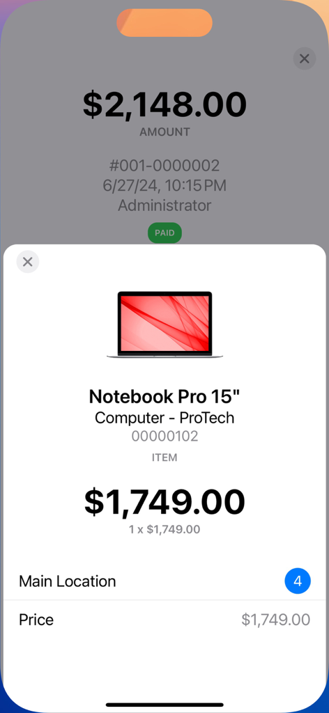 Cash Register for Business - A screen showing product details and inventory status for a laptop in the Cash Register for Business app.