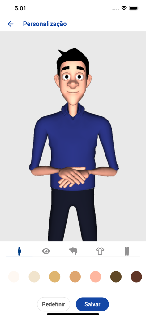 Oberfläche zur Anpassung des 3D-Gebärdensprachdolmetscher-Avatars in der VLibras App.