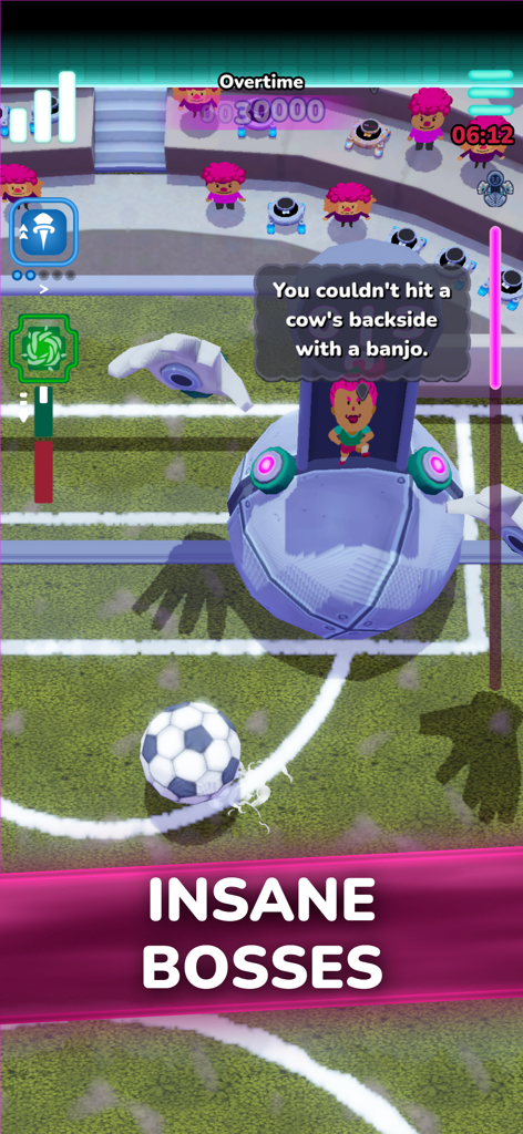 Batalla de jefe peculiar con temática de fútbol en Magenta Arcade II con diálogos humorísticos de personajes