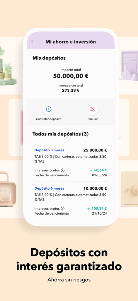 MyInvestor · Banco & Inversión - MyInvestorアプリの画面。保証された金利とユーロ建ての合計残高が表示された貯蓄預金を表示。